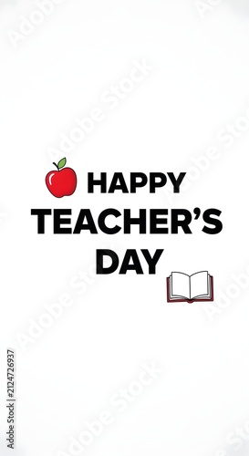 Happy teachers day greeting card with red apple and open book illustration, teachers