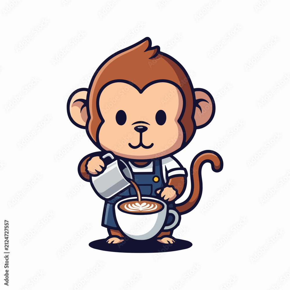Obraz premium Cute cartoon monkey barista wearing an apron and pouring steamed milk into a cup of coffee to create latte art on a white background.