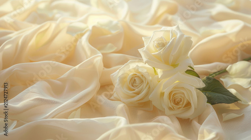 Roses are scattered on light yellow soft fabric with folds. Romantic abstract background. Valentine's Day, wedding, love. Close-up