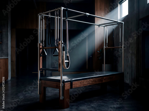 Close-up of a Pilates Cadillac in a dark, modern space with a single beam of moonlight illuminating it, premium wellness aesthetic