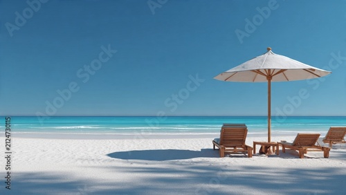 Relaxing beach scene with white umbrella and wooden lounge chairs on tropical shore umbrella tropical vacation relaxation paradise sunshine