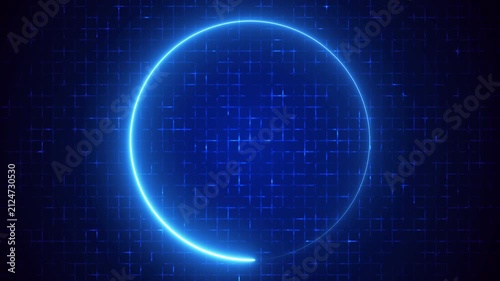 4K Neon Glowing Circle Loop Animation on Digital Grid Background. Neon light animated circle loading for gaming, loading screens, HUD interfaces, and sci-fi intros. Futuristic HUD Loading Animation.
