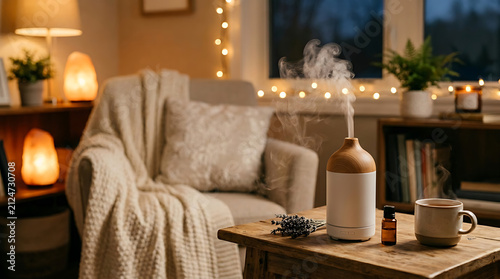Cozy winter living room with warm lighting and festive string lights on a snug couch