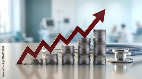 Rising financial graph with stacked coins and stethoscope symbolizing healthcare industry growth and economic success.