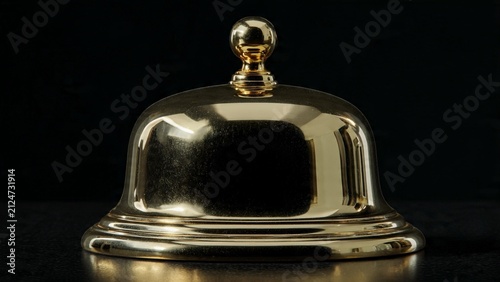 Polished gold metal bell service desk cloche on dark reflective background with reception concierge hospitality customer assistance polished