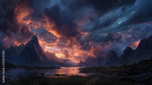 Dramatic sunset over mountains and calm lake with mountain landscape dramatic twilight peaceful wilderness outdoors environment reflection
