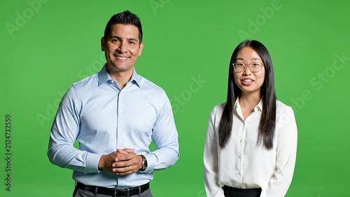 Language Teachers Demonstrating Communication Success On Green Screen Background