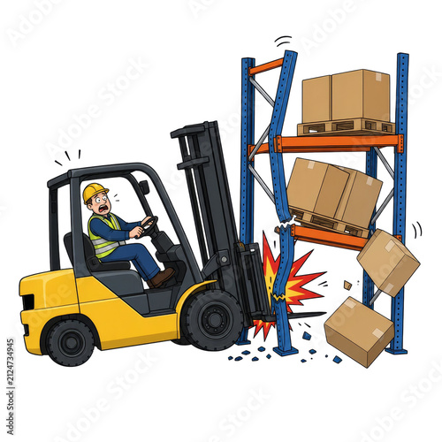 Cartoon Forklift Accident Crashing Into Warehouse Rack with Falling Boxes