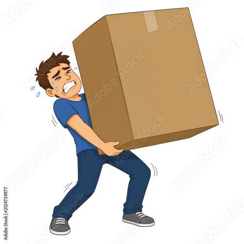 Cartoon Man Struggling to Carry Large Heavy Cardboard Box Isolated