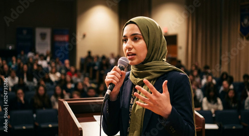 Young Muslim woman speaking into a microphone at a crowded conference event.