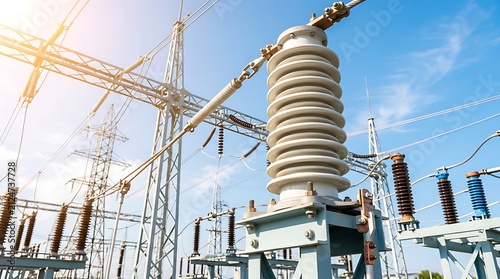 Electric substation with high voltage insulators and power lines against clear blue sky with sun flares Industrial electrical infrastructure and energy transmission equipment.