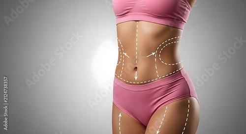 Photo of a fit Caucasian woman in pink lingerie with white pre-operative surgical dotted lines and arrows on her torso, representing cosmetic surgery planning and body contouring against a gray backgr