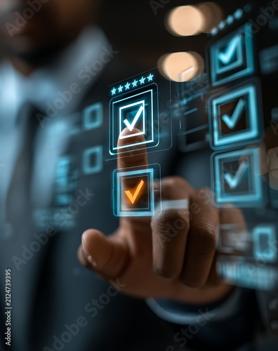 Digital checklist with approval checkmarks and star rating icons