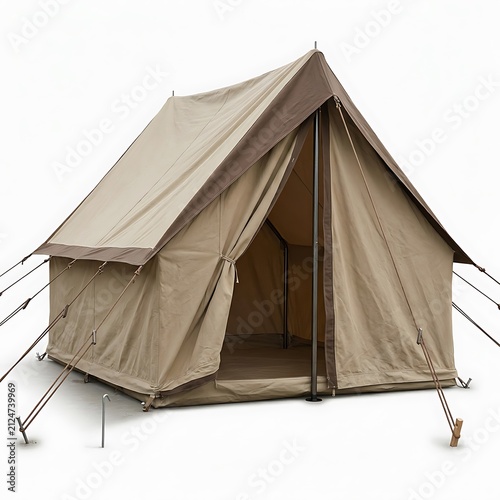 Safari style canvas tent with A-frame design. Classic outdoor camping shelter on white background.