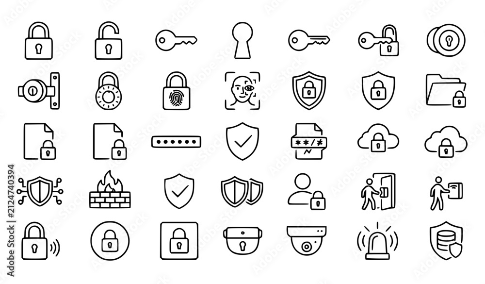 Fototapeta premium Premium security, cybersecurity, protection and privacy line icons set