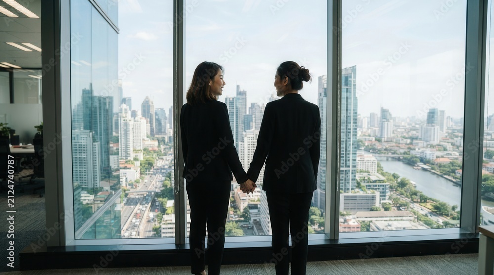 Fototapeta premium Two women standing front large window Confident female colleagues dressed in formal wear talking about business