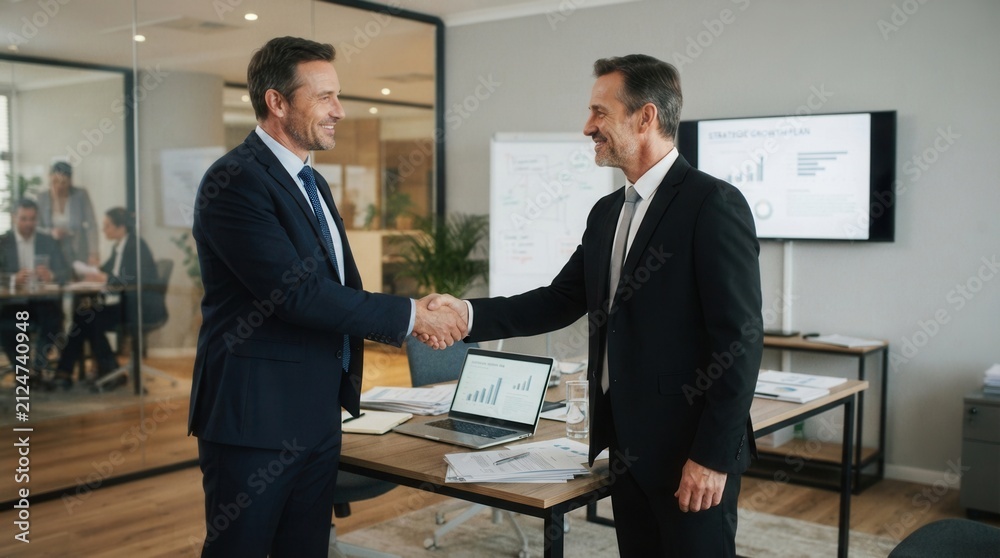 Fototapeta premium Two men shaking hands office setting Cropped image of male's in sign making