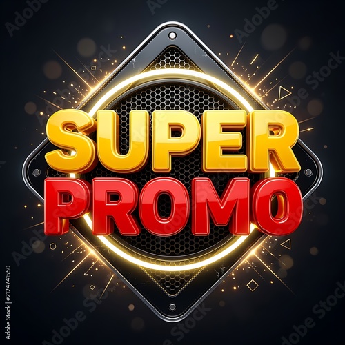 Super promo 3D text banner. Golden and red sale sign for marketing and retail advertising.