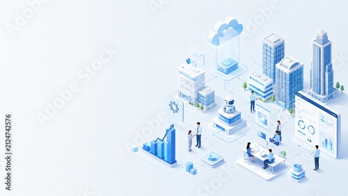 Isometric business technology background with cloud and AI eleme