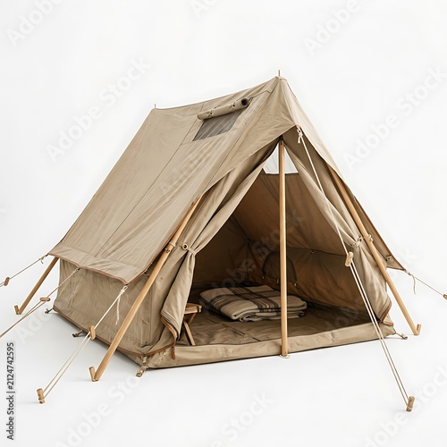 Beige canvas A-frame tent. Classic vintage style camping shelter on white background.