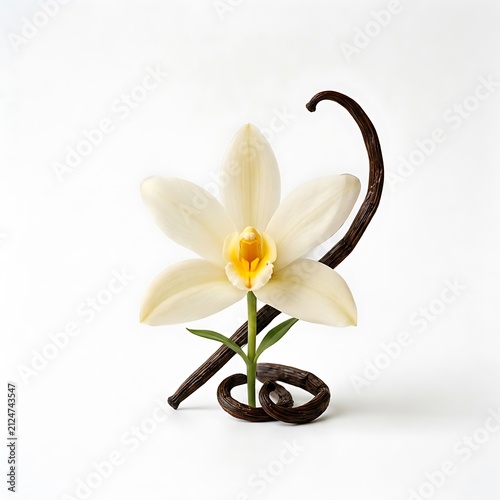 Fresh vanilla flower with bean pod. Elegant white orchid bloom with aromatic spice.