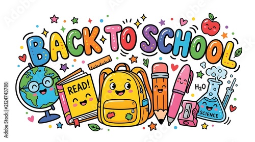 Colorful back to school illustration with cute cartoon school supplies and educational items on a white background