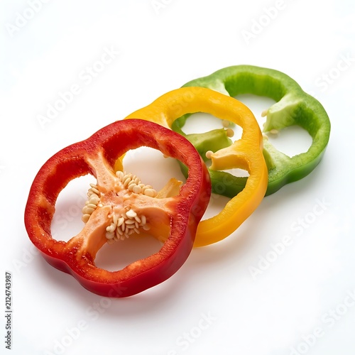 Sliced bell peppers on white background. Fresh red, yellow and green pepper rings.