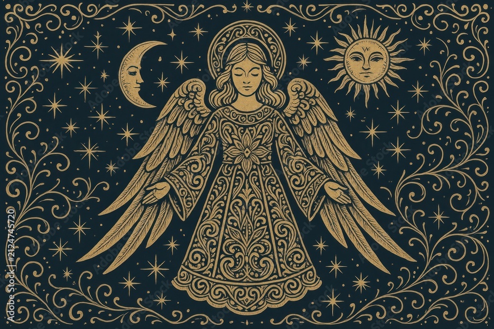 Fototapeta premium Celestial angelic illustration with stars background