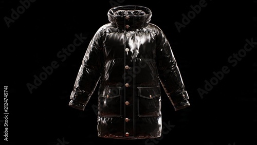 Front view of stylish black puffer jacket on dark background with clothing outerwear shopping wardrobe collection seasonal