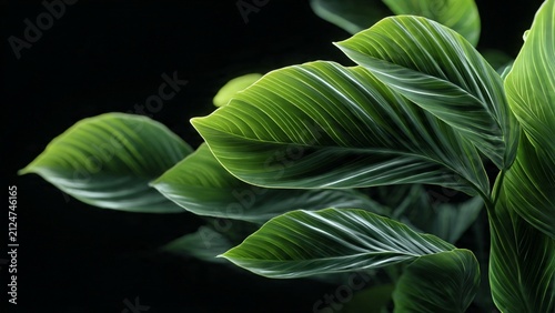 Close up of green tropical houseplant leaves with textured veins against a dark background tropical botanical environment houseplant decoration