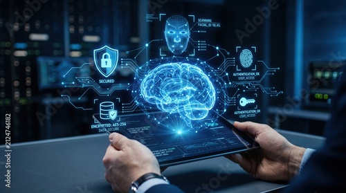 Futuristic artificial intelligence brain interface with digital security icons, biometric authentication scanning, encrypted data protection, cyber security on tablet device
