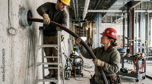 Electricians Installing Heavy Duty Cabling in a Commercial Construction Site Interior