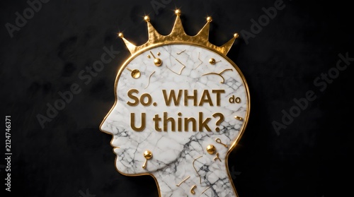 Marble head silhouette wearing golden crown with text on black background with displays white marble