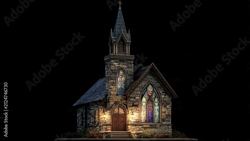 Old stone church building with stained glass illuminated at night building architecture religion historic exterior religious cathedral spiritual
