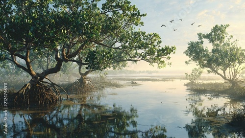 Mangrove forest in coastal wetlands at sunrise with misty atmosphere mangrove landscape ecosystem reflection tropical environment peaceful