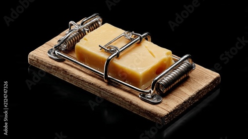 Wooden mousetrap set with yellow cheese bait on black surface pest control mousetrap mechanism household detection