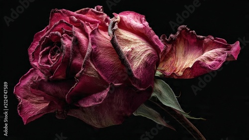 Dried red rose flower against a dark black background with still life withered melancholy romantic botanical background artistic solitary