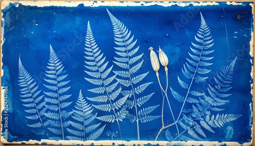 Cyanotype Print of Ferns and Botanical Seed Pods.