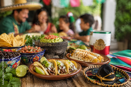 Mexican feast with tacos, corn, salsa and family celebrating Independence Day with joy and culture.
