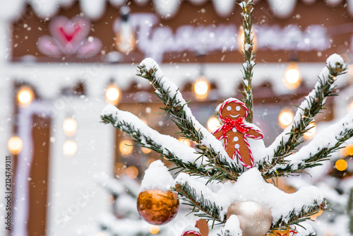 A gingerbread figurine on a Christmas tree in Moscow. Christmas decorations. A journey to Christmas 2026.