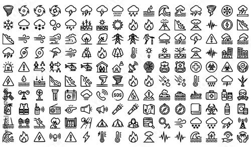 Natural Disaster and Extreme Weather Outline Icon Set Vector