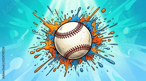 Illustration baseball mid-air blue background center Comic-style with dynamic art and vibrant colors capturing