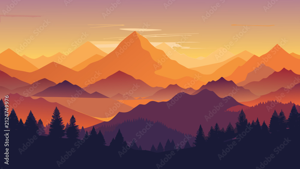 Obraz premium Layered blue mountain silhouettes fade into a soft pastel sunrise, creating a calm minimalist landscape with atmospheric depth.
