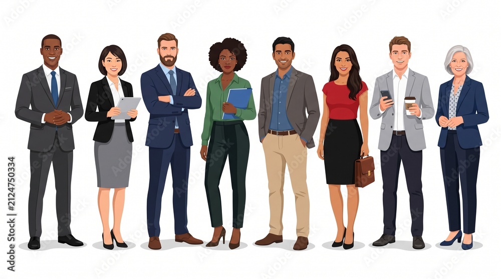 Obraz premium eight diverse business professionals standing together in formal corporate attire on a plain white background