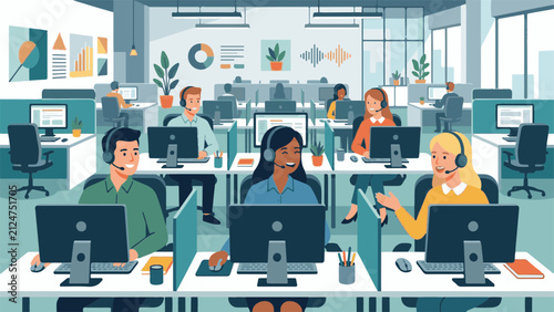 Employees working in a busy open-plan office collaborate while wearing headsets at their individual computer workstations.