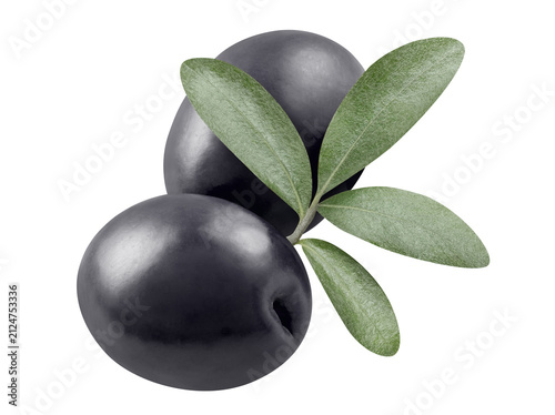 Foto Fresh black olives with olive leaves, isolated on transparent cutout background