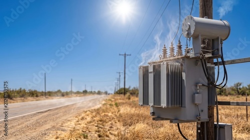 Overheated electrical distribution transformer emitting heat on a hot summer day under intense sunlight. Heatwave impact on power grid infrastructure, electricity demand