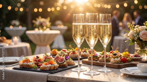 Elegant champagne glasses and gourmet appetizers at an outdoor reception during golden hour. Luxury celebration, wedding party, corporate event and fine dining hospitality concept