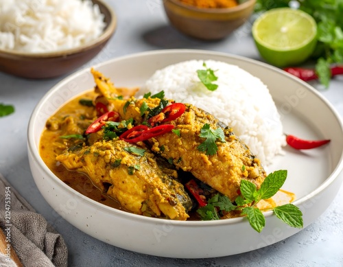Spicy yellow fish curry served with steamed jasmine rice garnished with fresh chili and herbs in a white bowl