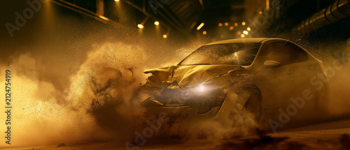 Speed Demon in Dust Cloud: A sleek car drifts dynamically through a thick, swirling dust cloud, its headlights piercing the gritty haze, creating a dramatic and powerful automotive scene.